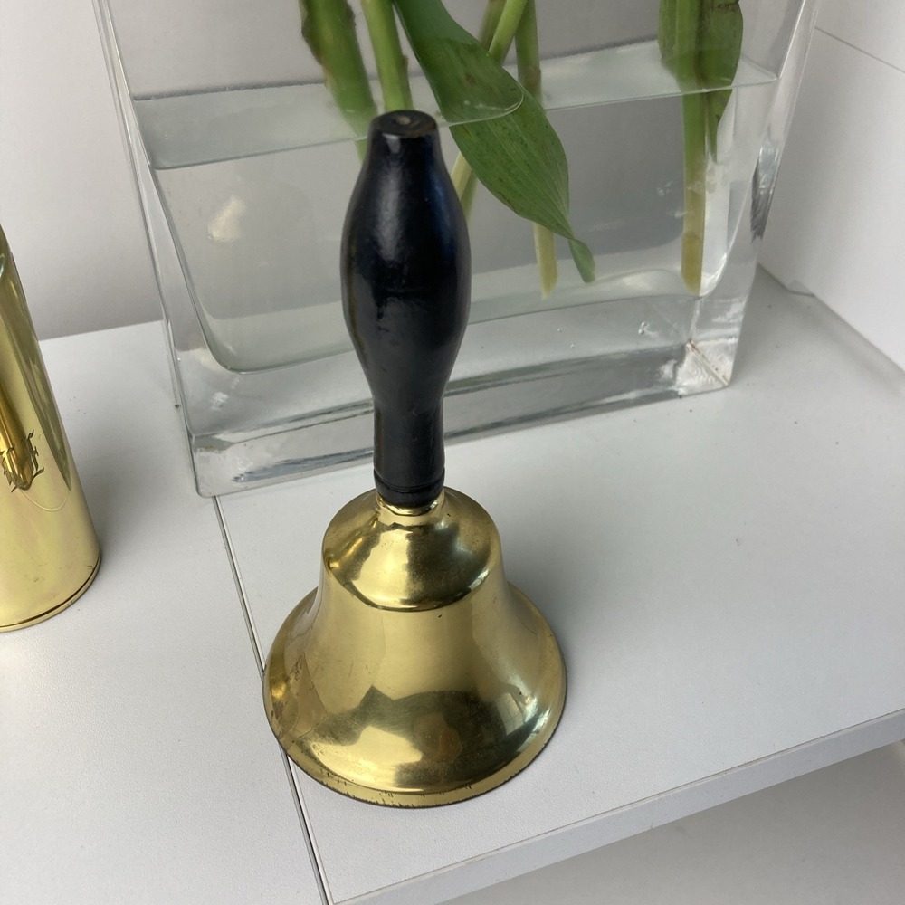 Vintage 6.5" Brass School Teacher Hand Held Bell With Wood Handle - Loud Ring